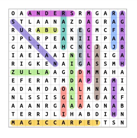 Aladdin characters word search answers