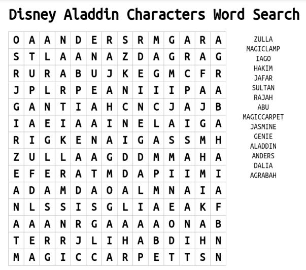 aladdin characters word search