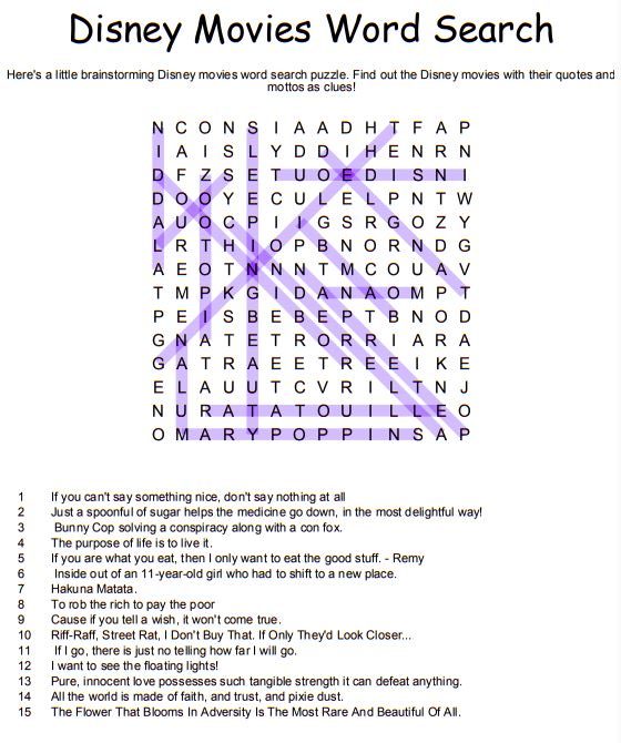 disney movies word search solution