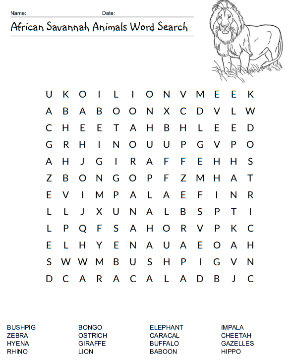 African Animals Word Search 2