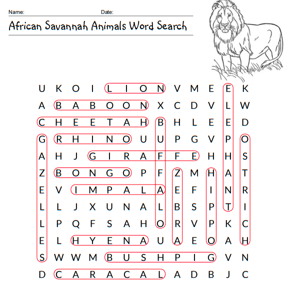 African Animals Word Search 2 Solution