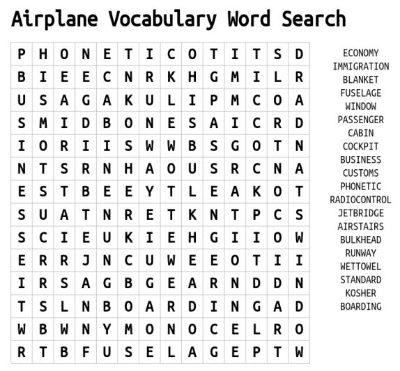 Airplane Vocabulary Word Search
