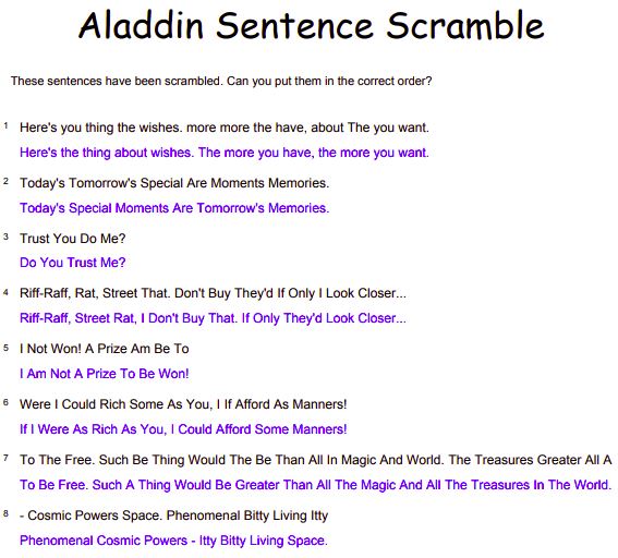 aladdin sentence scramble answers