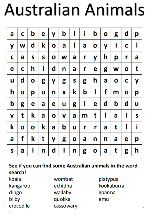Australian Animals Word Search 2