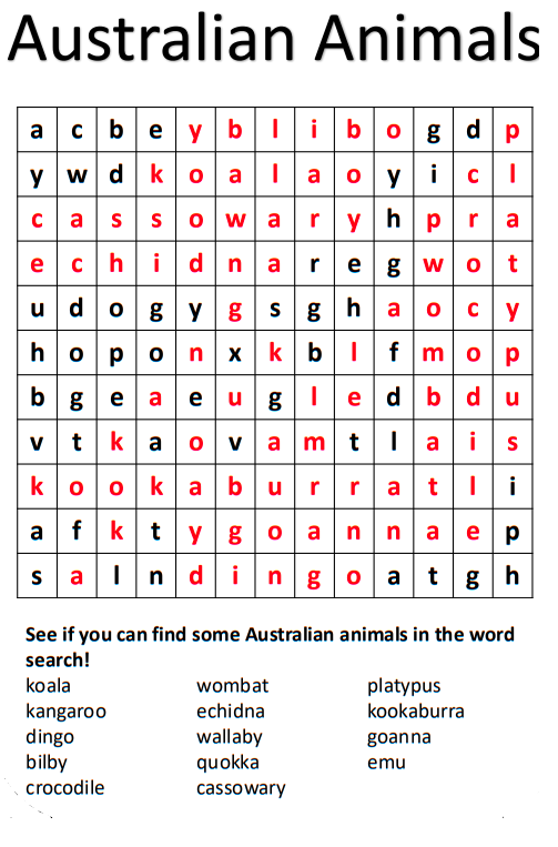 Australian Animals Word Search 2 Solution