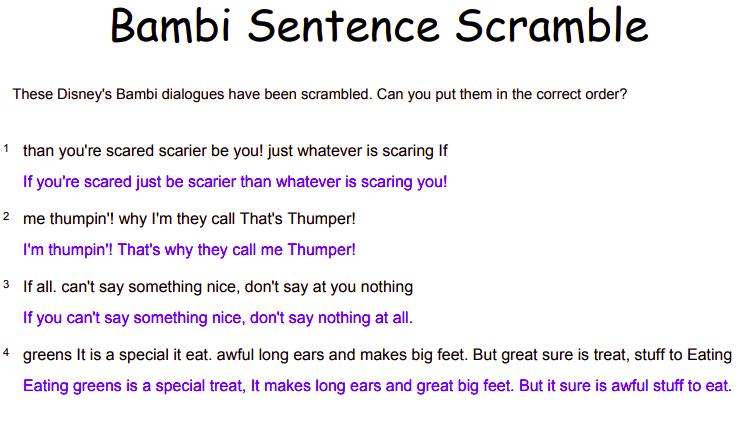 Bambi dialogues sentence scramble puzzle answers