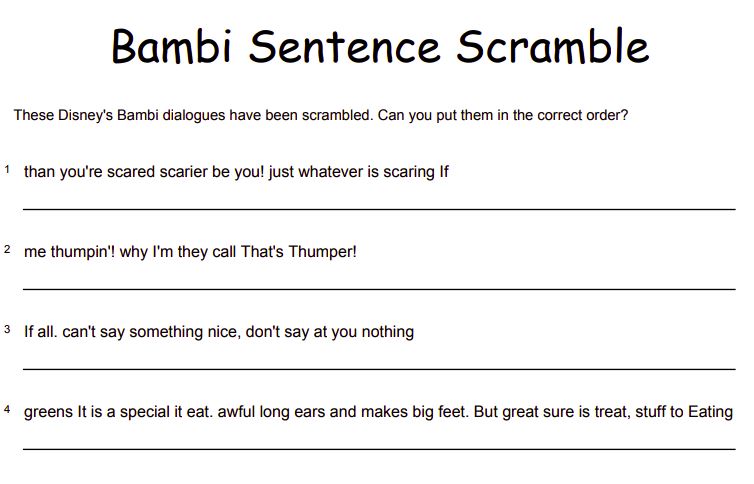 Bambi dialogues sentence scramble puzzle