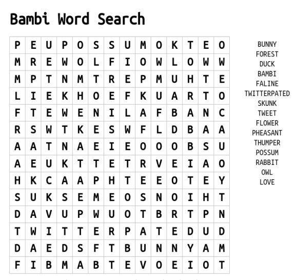 Easy Bambi word search