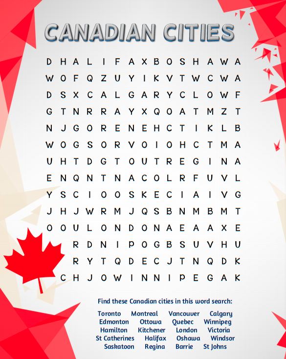 Canadian Cities Word Search 1