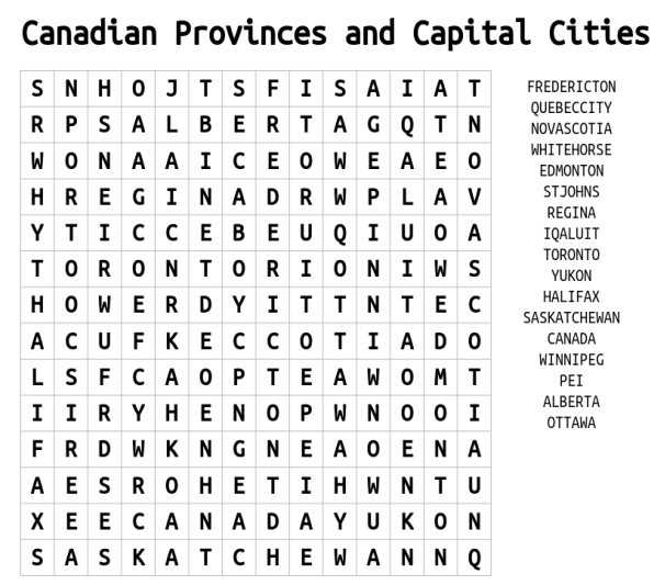 Canadian Cities Word Search 2