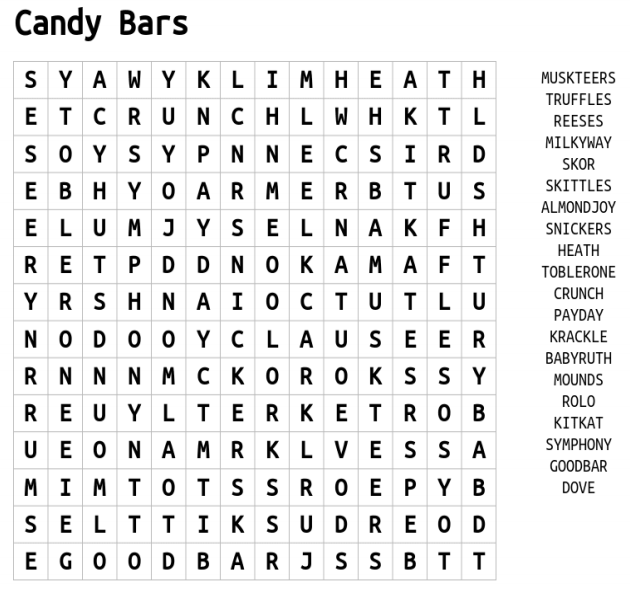 Candy Bars Word Search 2