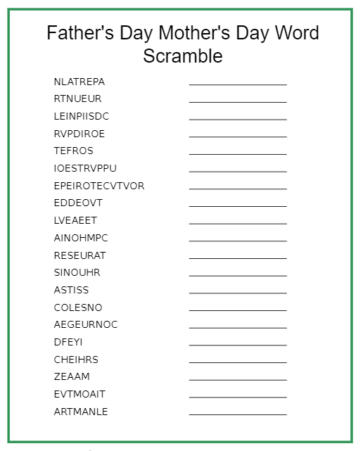 Father's Day Mother's Day Word Scramble 1