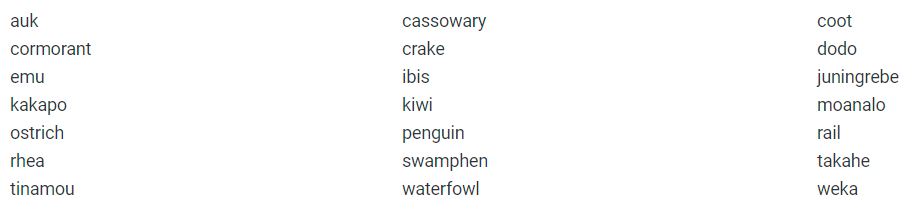 Flightless Bird Names Word Search Clues