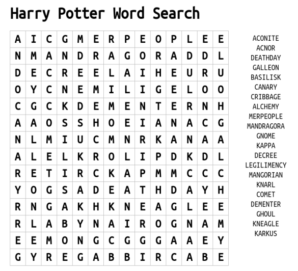 Harry Potter Word Search 1