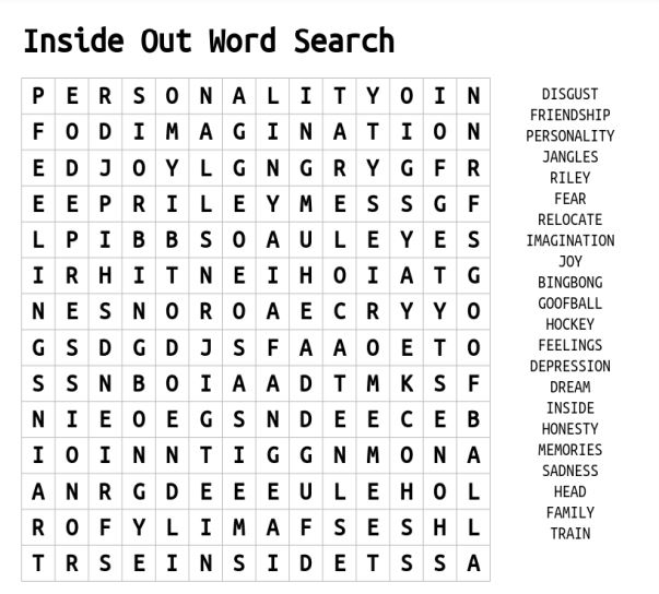 Inside out movie word search
