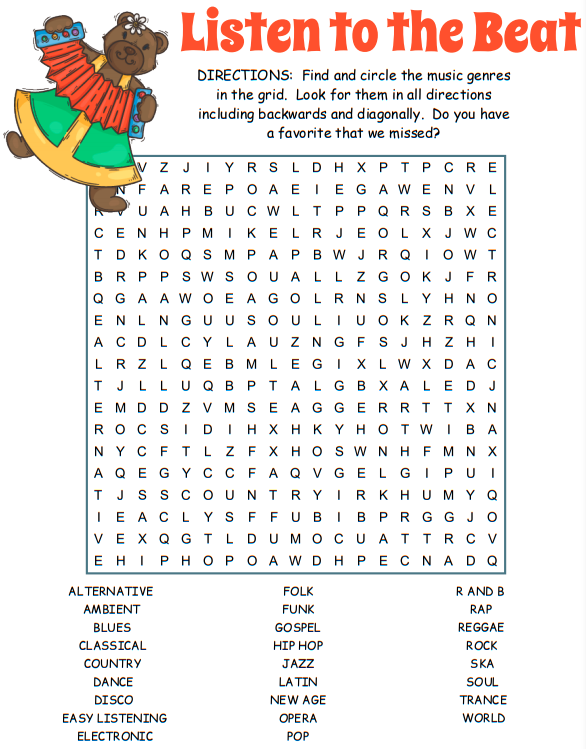 Music Genres Word Search 1