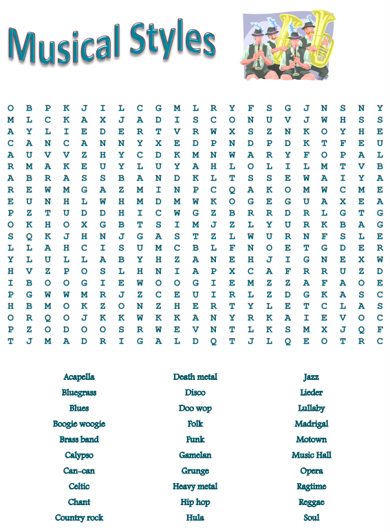 Music Genres Word Search 2
