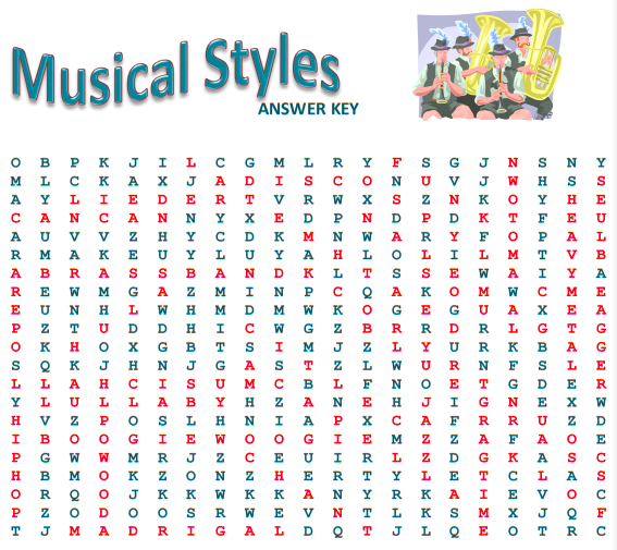 Music Genres Word Search 2 Solution