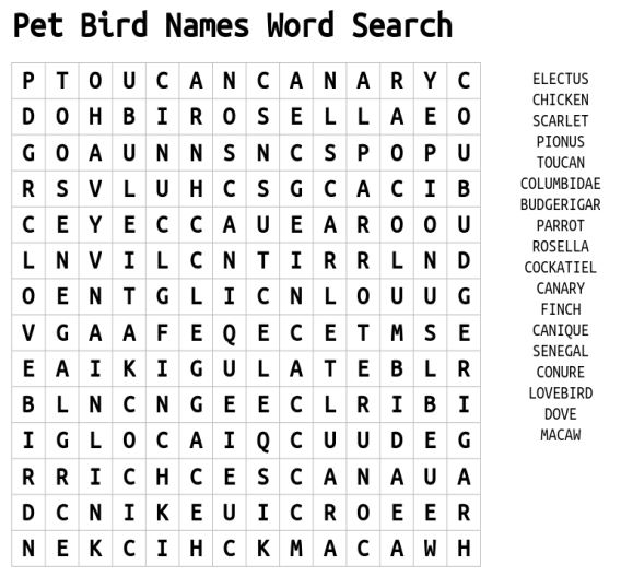 Pet Bird Names Word Search