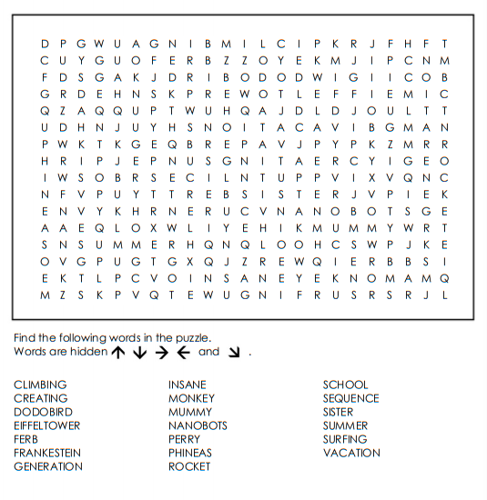 Phineas And Ferb Theme Song Word Search