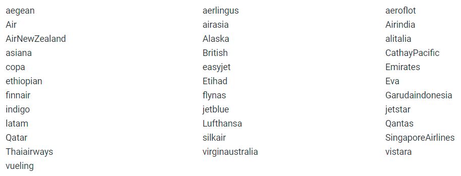 Popular Airlines Word Search Clues
