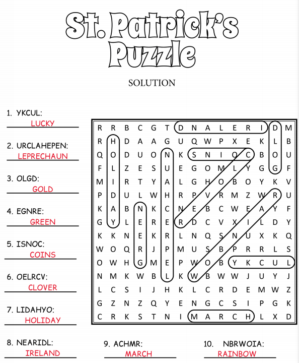 Saint Patrick's Day Word Search 3 Solution