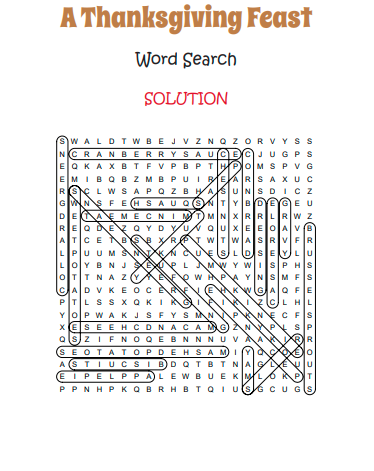 Thanksgiving Foods Word Search Solution