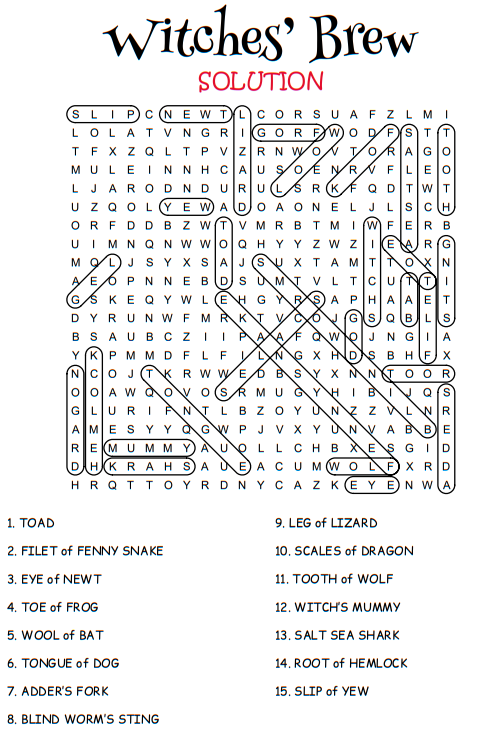 Witches Brew Word Search Puzzle 1 Solution