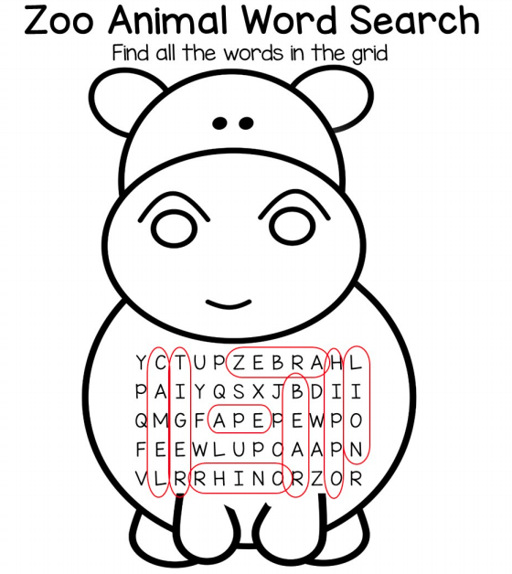Zoo Animals Word Search 3 Solution