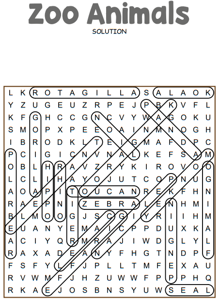 Zoo Animals Word Search Puzzle 1 Solution