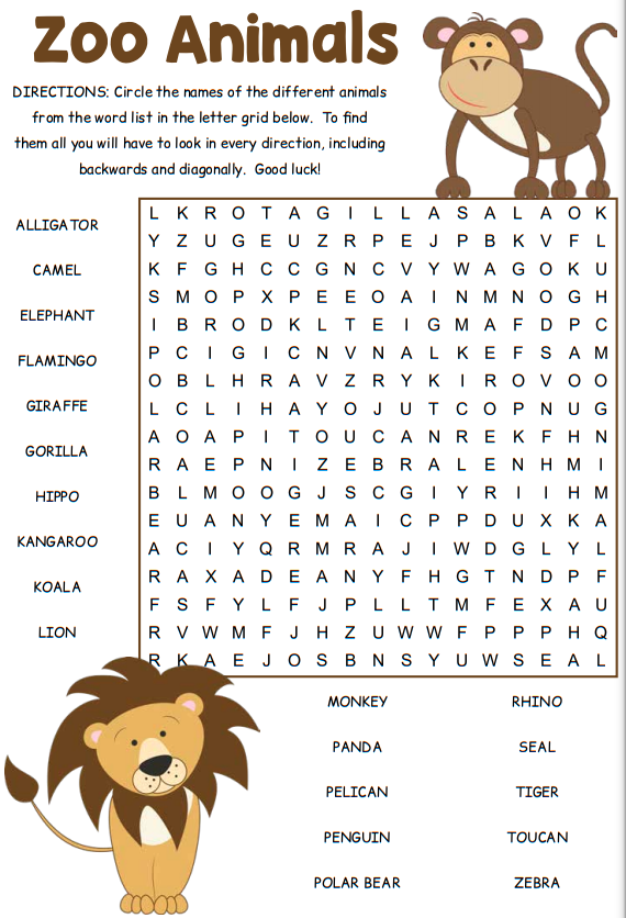 Zoo Animals Word Search Puzzle 1