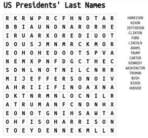 US Presidents' Last Names Word Search 