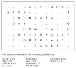 April Fools Day Vocabulary Word Search Solution