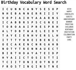 Birthday Vocabulary Word Search 