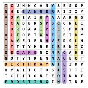 Birthday Vocabulary Word Search Solution