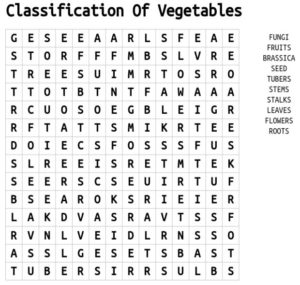 Classification Of Vegetables Word Search 