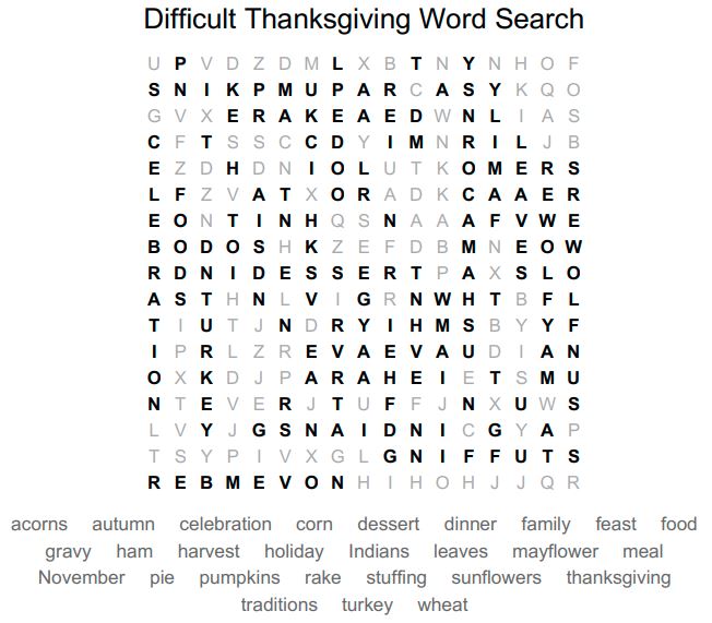 Difficult Thanksgiving Word Search Solution