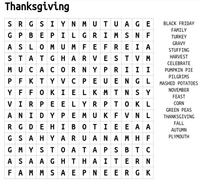 Easy Thanksgiving Word Search 