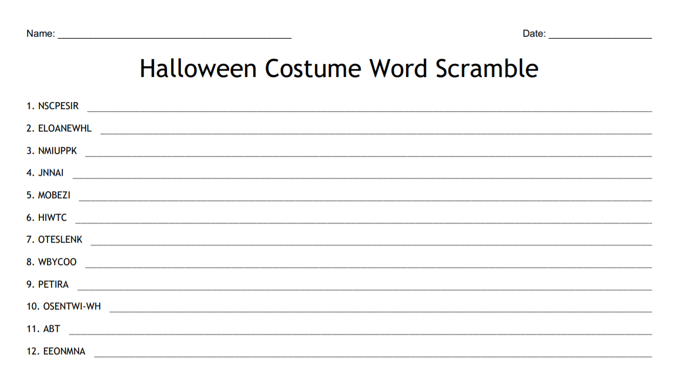 Halloween Costume Word Scramble Puzzle