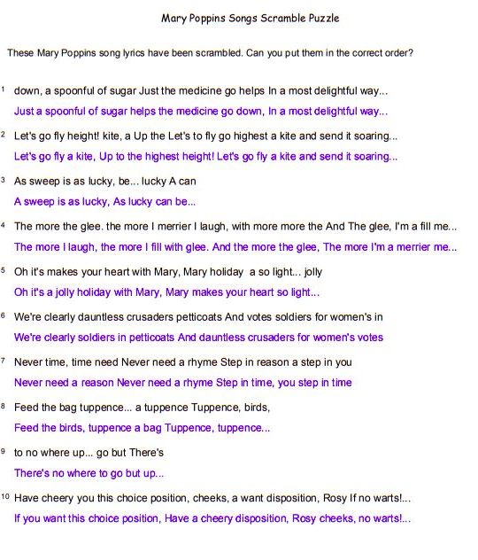 Mary Poppins Songs Lyrics scramble Puzzle answers