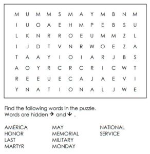 Memorial Day Vocabulary Word Search For Kids