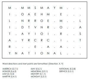 Memorial Day Vocabulary Word Search For Kids Solution