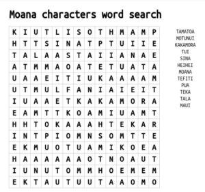 Moana characters word search
