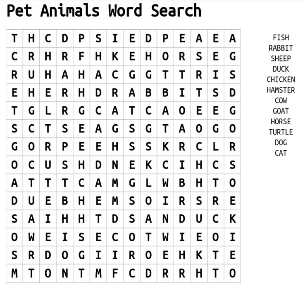 Pet Animals Word Search 