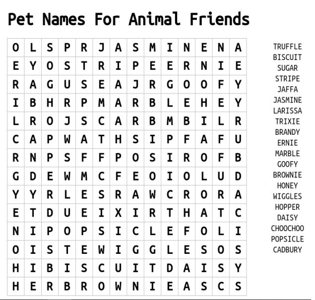 Pet Names For Animal Friends Word Search 