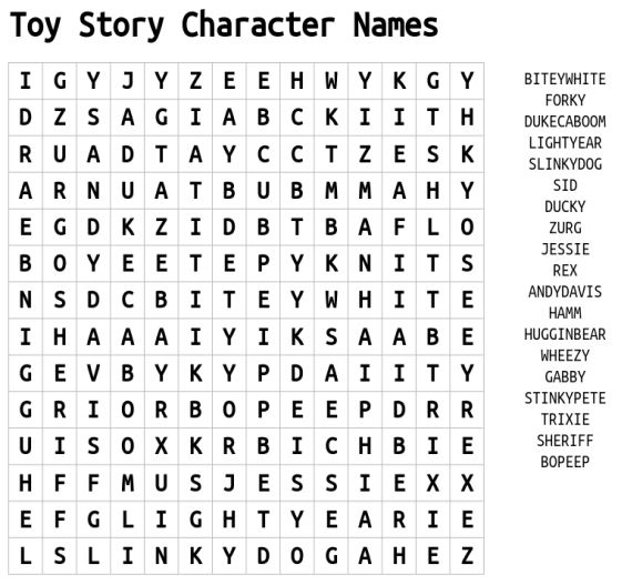 Toy Story Character Names Word Search