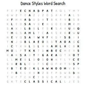 Dance Styles Word Search Solution