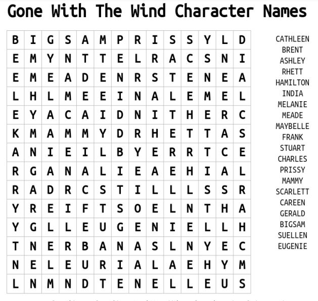 Gone With The Wind Character Names Word Search 