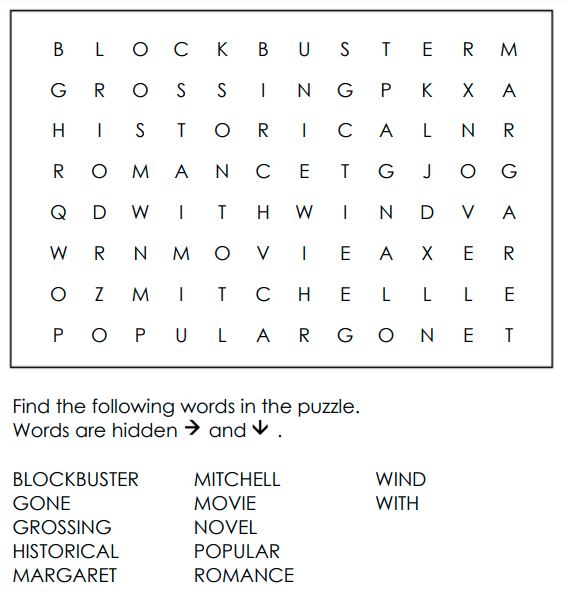 Gone With The Wind Vocabulary Word Search For Kids