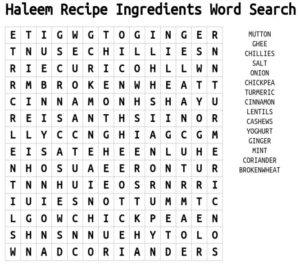 Haleem Recipe Ingredients Word Search 